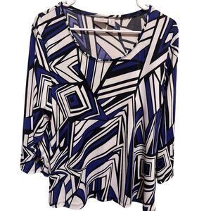Chico's Easywear Multi Color Block Blue Black Print Crew Neck Long Sleeve Sz 2